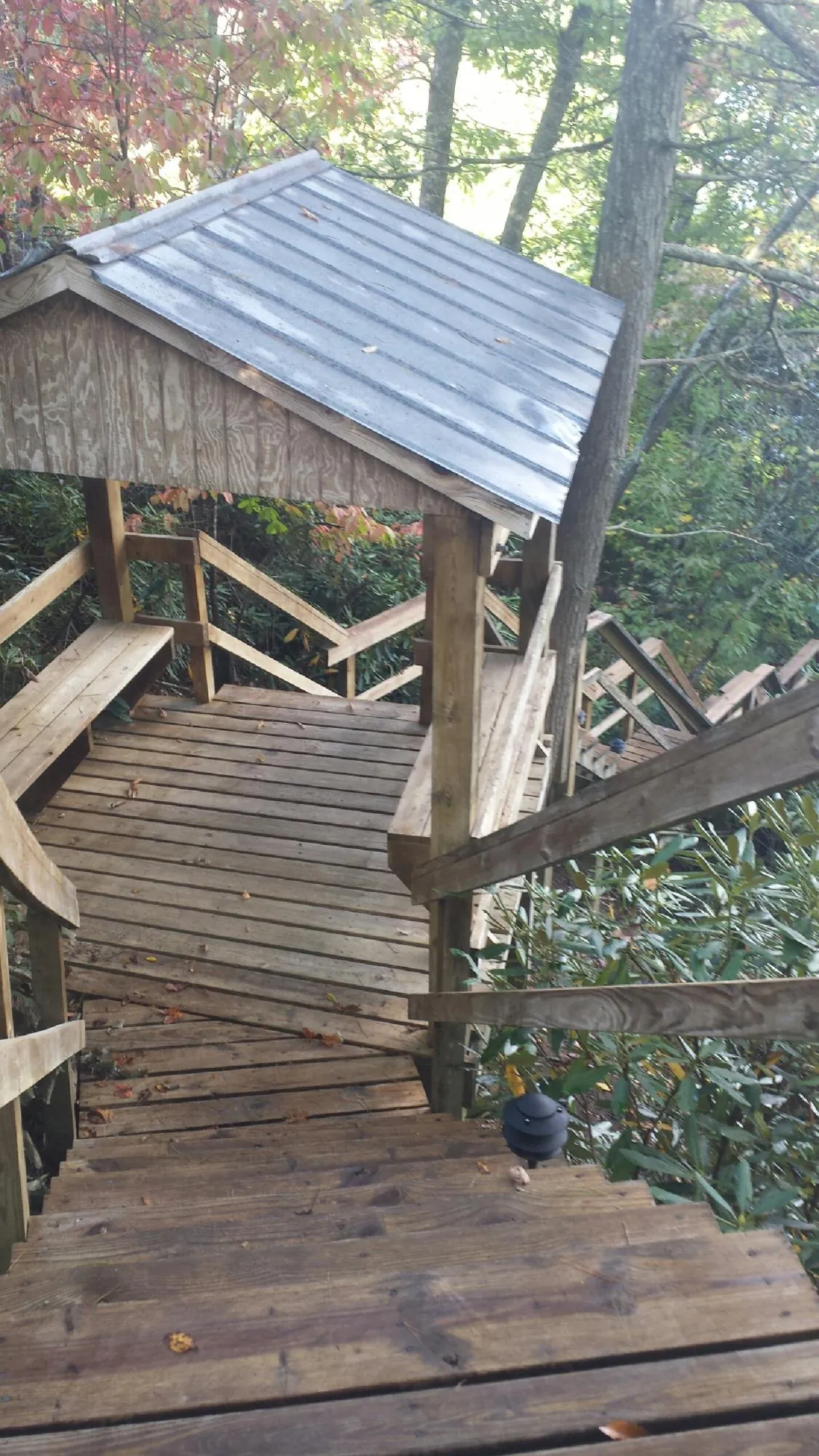 Metal roofed shelter over wooden steps on a wooded walkway — Skylight Repair & Installation work by our crew in Allenport